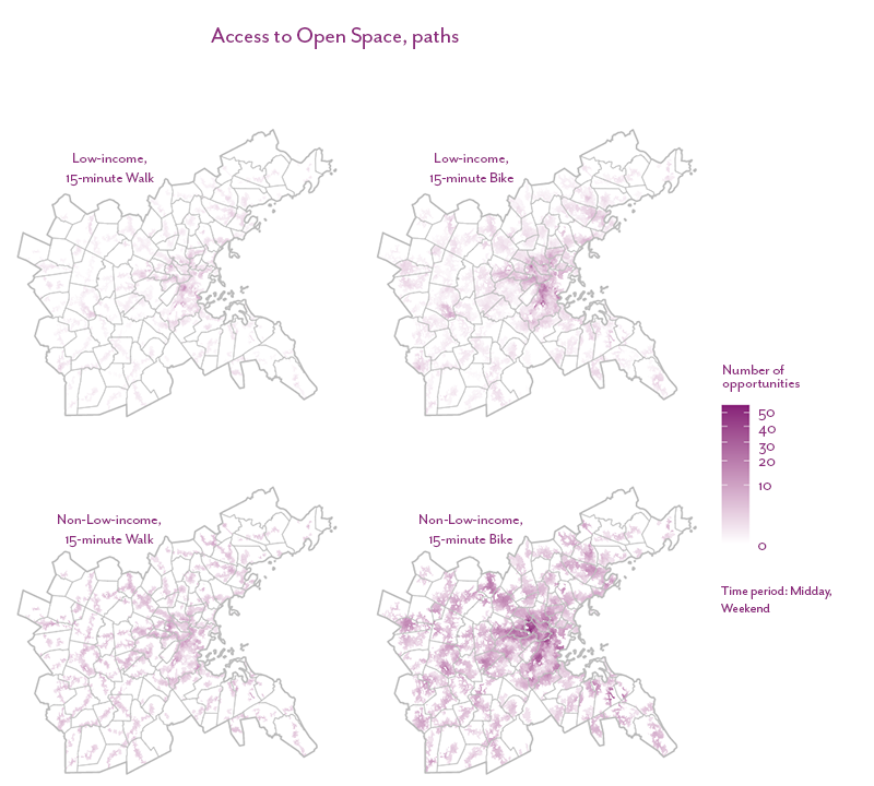 Figure 38 is a map that shows the number of off-street path opportunities accessible within a 15-minute bicycle or walk trip for the low-income and non-low-income populations living in the Boston region.